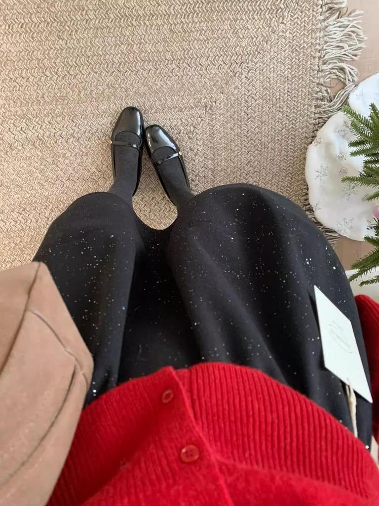 2025 Winter High-Waisted Woolen A-line Umbrella Skirt with Sequins: Slimming Mid-Length Women's Skirt