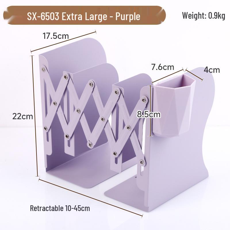Metal Foldable Book Stand & Pen Holder: Large Desktop Bookend Storage Rack