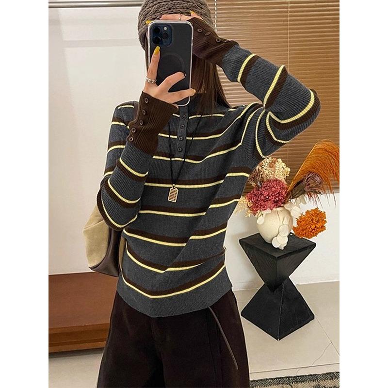 Small Stand-up Collar Stacked with Contrasting Striped Knitted Sweater, Autumn and Winter Button Retro Long-sleeved Top, and Sweater Inside for Women