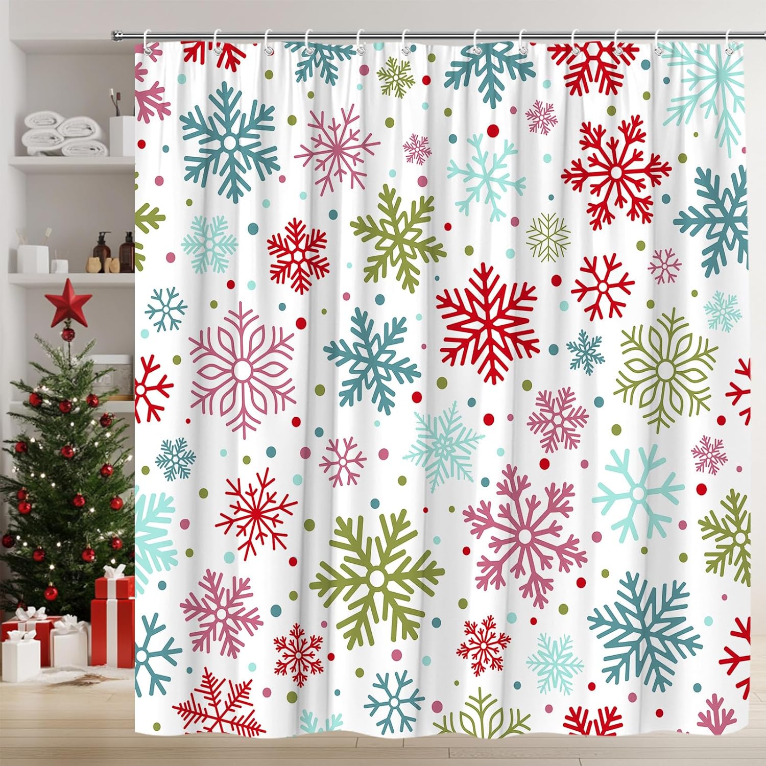 

Christmas Snowflake Shower Curtain Blue And Brown Winter Snowy Boho Xmas Holiday Happy New Year Fabric Bathroom Curtain Set W60H190(CM)-1 Pcs