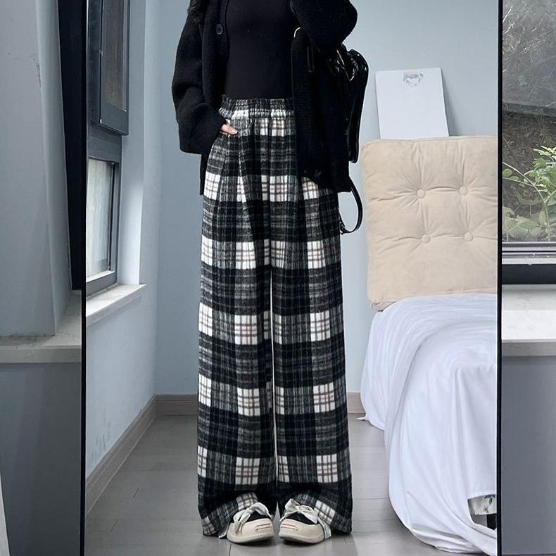 Blue Plaid Wool Pants Women Winter Loose Straight Leg Retro Casual Wide Leg Trousers