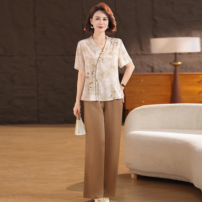2026 New Summer Two-Piece Set: Elegant Short-Sleeve Top for Mothers & Elderly Women