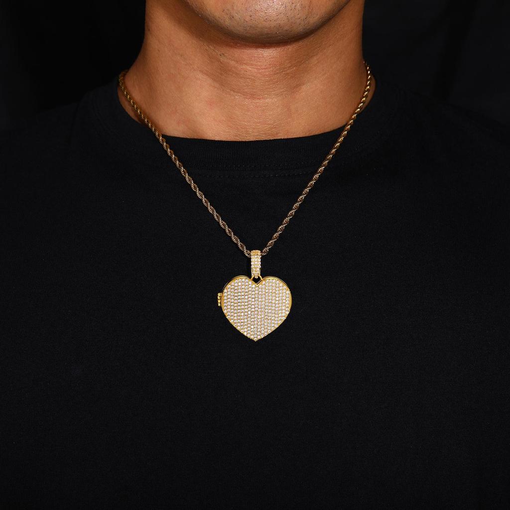 Trendy Heart-Shaped Zircon Photo Pendant Necklace - European & American Hip Hop Style