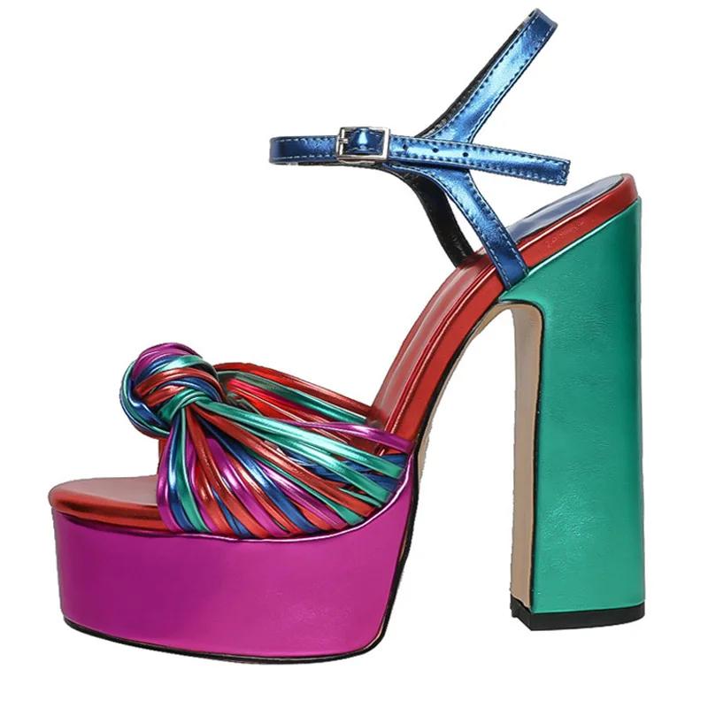 Modische farbige dünne Riemen sexy Sandalen offene Zehen hohe Absätze Party Hochzeit Nachtclub Damen dicker Absatz Peep-Toe Pumps Laufstegshows