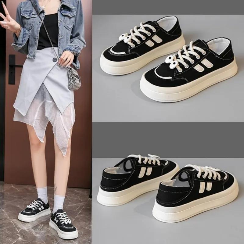 Fashion 2024 New Spring Summer Black Half-drag Canva Shoes Women's Breathable Versatile Hong Kong Style Two-wear Slip-on Heel Shoes