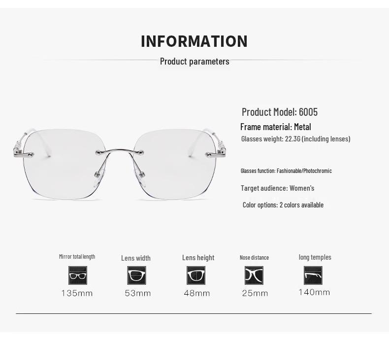 Women's Rimless Anti-Blue Light Myopia Glasses with Photosensitive Color-Changing and Star Design - Large Frame