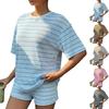 Women's Summer Casual Two Piece Set Short Sleeve Top and Shorts Lightweight Striped Knit Lounge Wear Soft Fabric