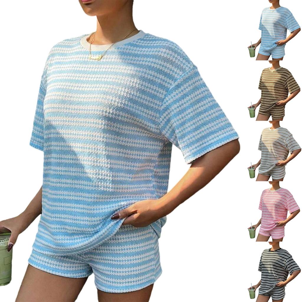 Women's Summer Casual Two Piece Set Short Sleeve Top and Shorts Lightweight Striped Knit Lounge Wear Soft Fabric