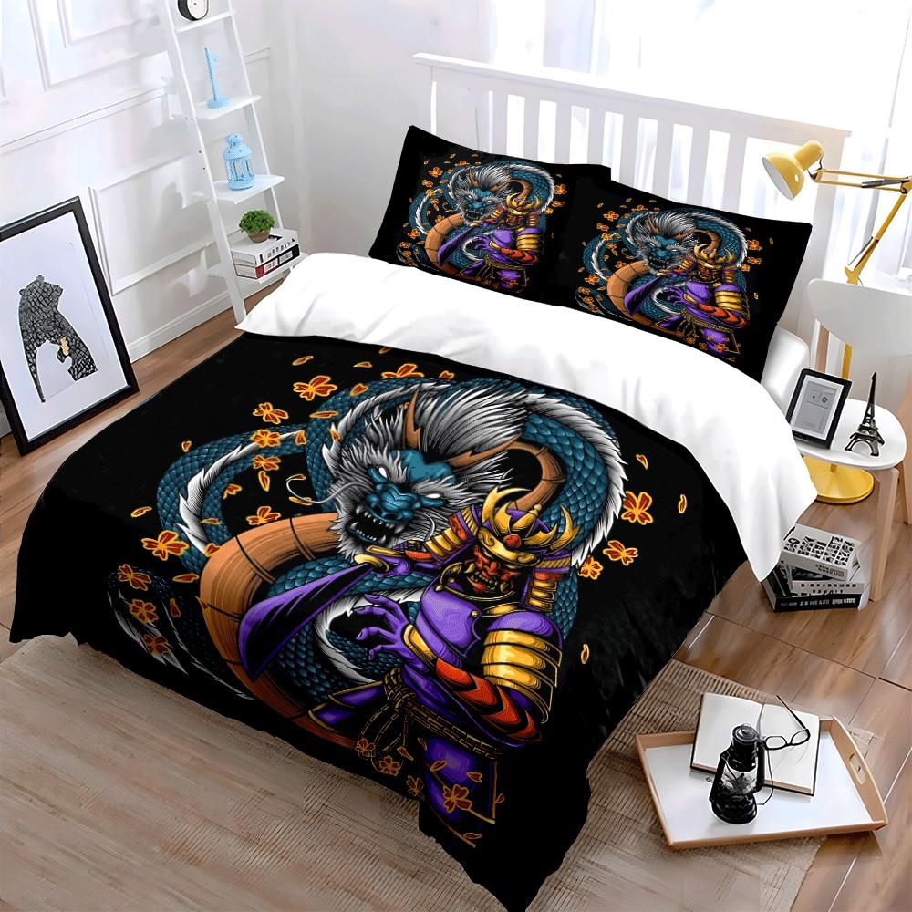 Samurai And Dragon Artistic Set: Suitable For Apparel Exquisite Three-Piece Bedding Set Gift For Kids And Adults
