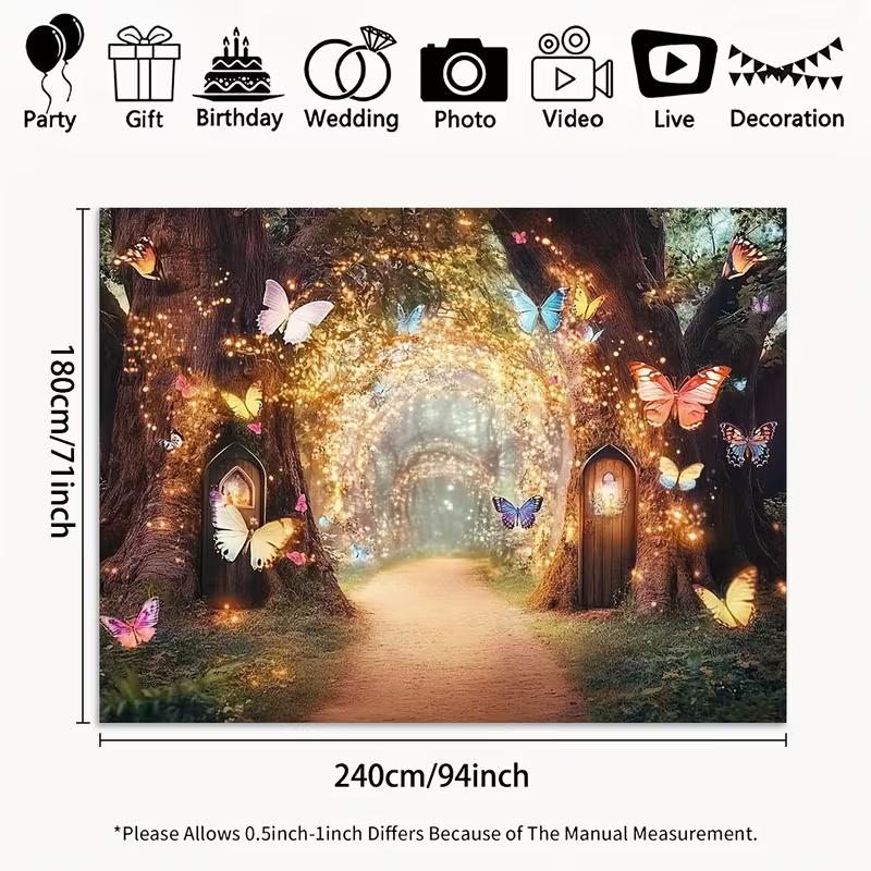2D Glowing Forest Tapestry, Magical Tree Path with Butterflies & Lights Background Cloth