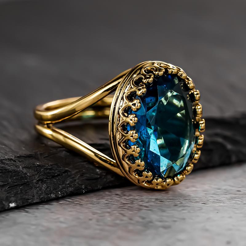 Gorgeous Big Oval Blue Cubic Zirconia Gold Color Rings for Women Temperament Elegant Lady Anniversary Party Retro Jewelry