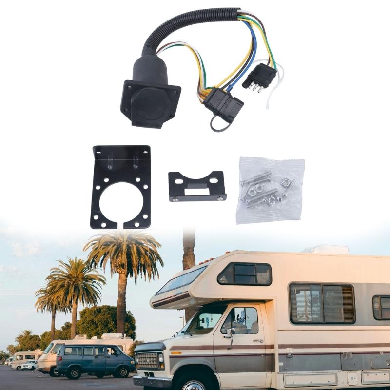 7 Way Trailer Socket Adapter with 4 Flat End and Mounting Bracket, Assembled Wiring Assembly with Flip Cover for Trailer Towing Light Use