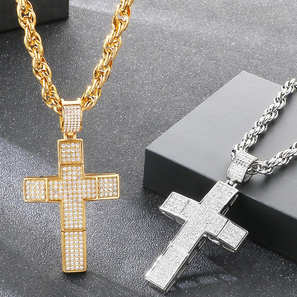 Hip Hop 316L Stainless Steel & Full CZ Cross Pendant Necklace Man Double Layer Hollow Cross Jewelry Gifts Trend Necklaces