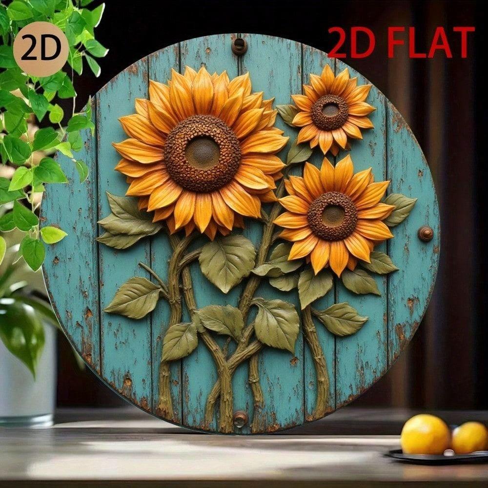 3D Sunflower Metal Wall Art Blue Circle Rustic Tin Sign for Living Room