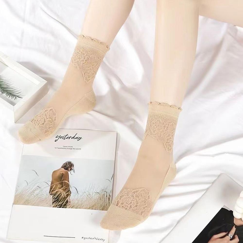 3 Pairs Lace Women Socks Spring Summer  Floral Lace Transparent Mesh Socks With Rose Flowers Breathable Casual Girls Stockings