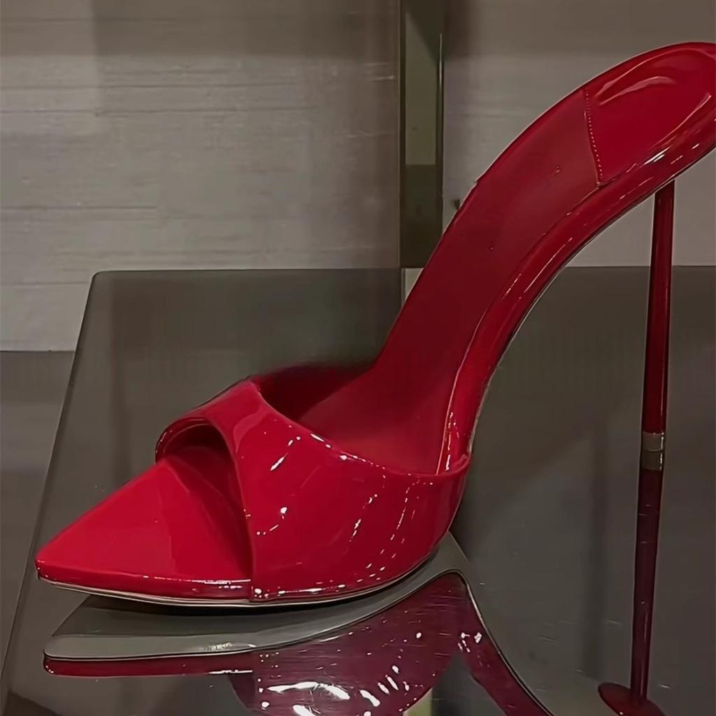 High Heels Pointed Fish Mouth Ultra-thin Heel Patent Leather Simple Cool Slippers New Wear Sexy Red Wedding Sandals Women