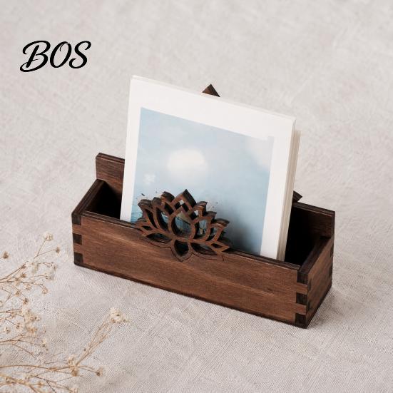 Accessoire de bureau Support pour cartes de visite Lotus en bois, Porte-nom creusé vintage à une main pour bureau, Organiseur rustique Zen