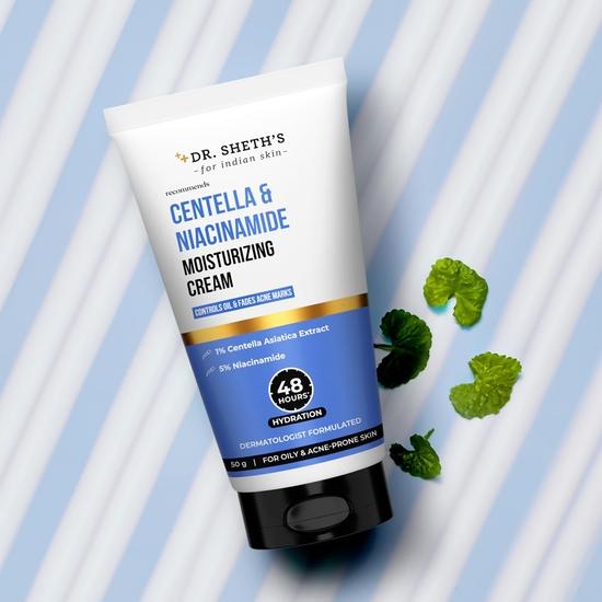 Dr. Sheth's Centella And Niacinamide Moisturizing Cream |For Oily & Acne Prone Skin | Fades Acne Marks & Controls Excess Oil | 48-Hour* Hydration| 50G