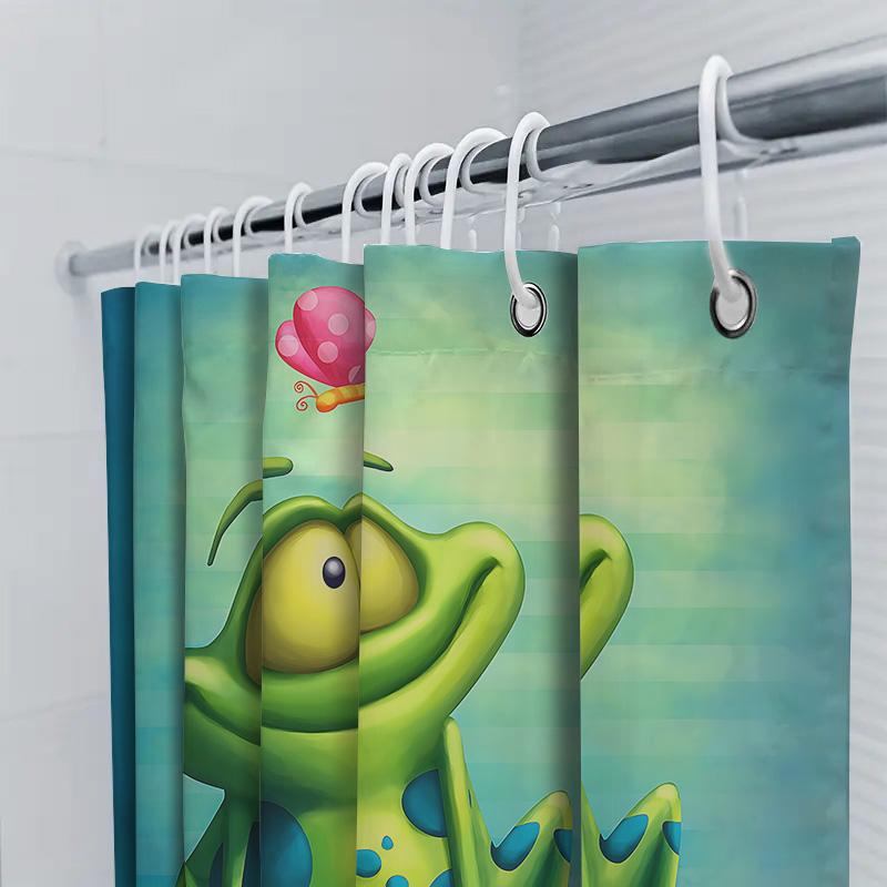 Cartoon Frog Pattern Waterproof Mold-Proof Shower Curtain Cute Creative Bathroom Accessory For Home Use With Complimentary Hook