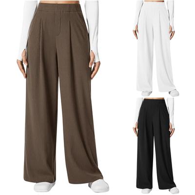 Women  Elastic High Waist Pant Casual Active  Fit Wide Leg Long Pants Trousers With Pockets