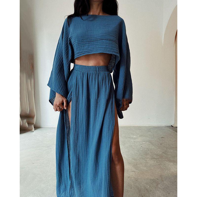 

2024 Casual Vacation Blend Short Tops High Waist Chic Split Casual Casual Two-Piece Suit Blue S