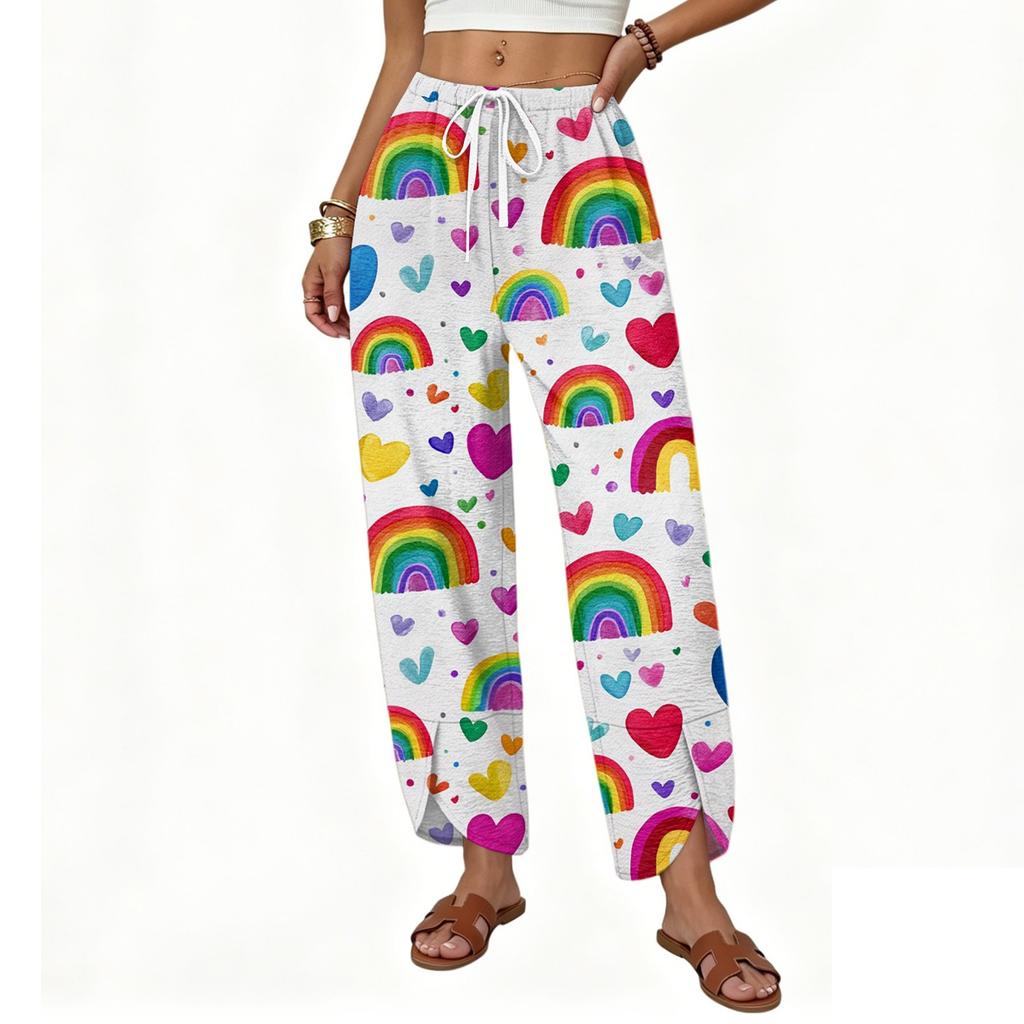 Women Casual Wide Leg Loose Fit Drawstring Pants with Rainbow Heart Print Lightweight Comfortable Trousers for Everyday Wear