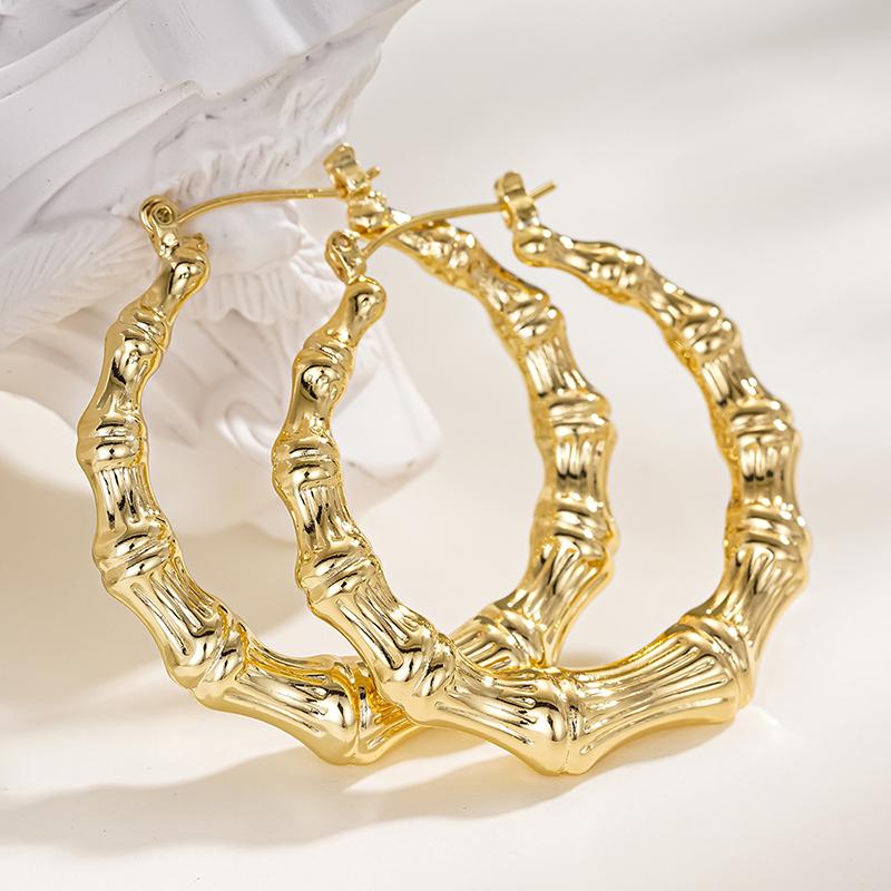 Huitan Novel Bamboo Design Hoop Earrings for Women Gold Color Luxury Wedding Engagement Charming Party Fashion Statement Jewelry