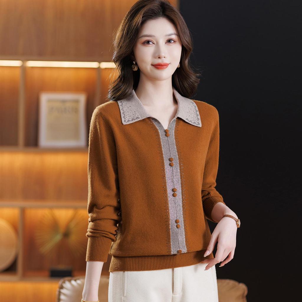 Women's Lapel Wool Sweater - Red, Warm, Stylish, Loose Fit for Middle-Aged & Elderly (Autumn/Winter Collection)