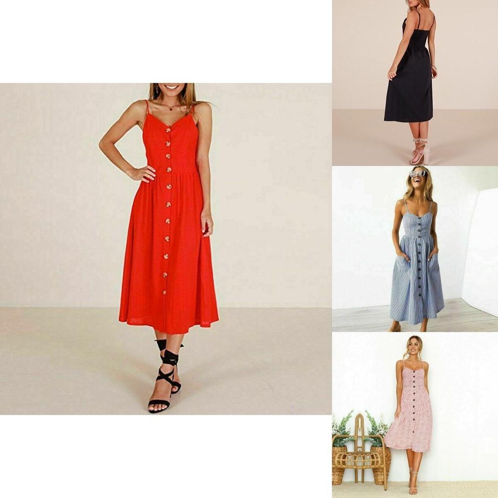 Stylish Boho Women's Summer Beach Midi Dress With Strappy Design And Button Pockets