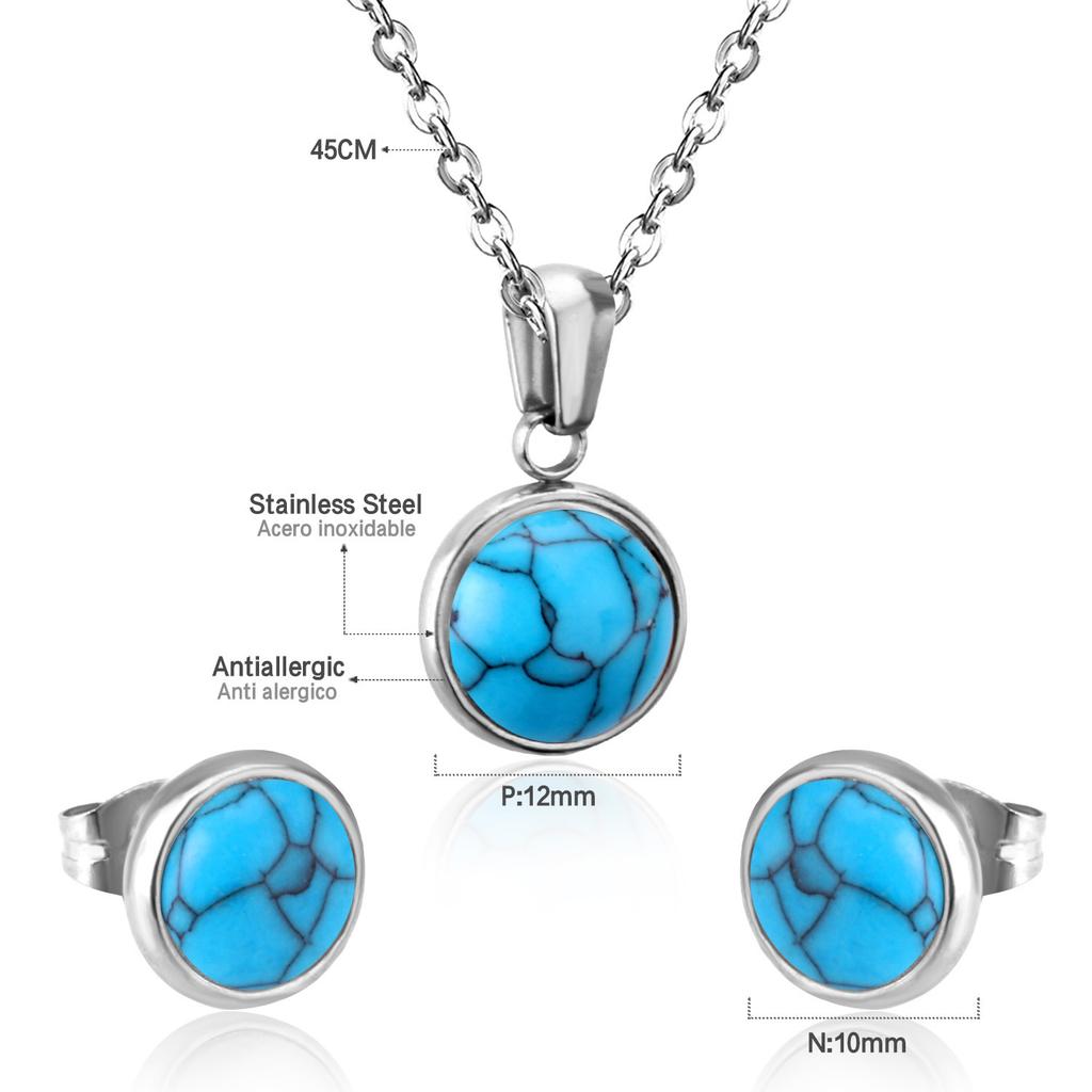 Songhua stone jewelry set female retro love shape round stud earrings necklace stainless steel jewelry set