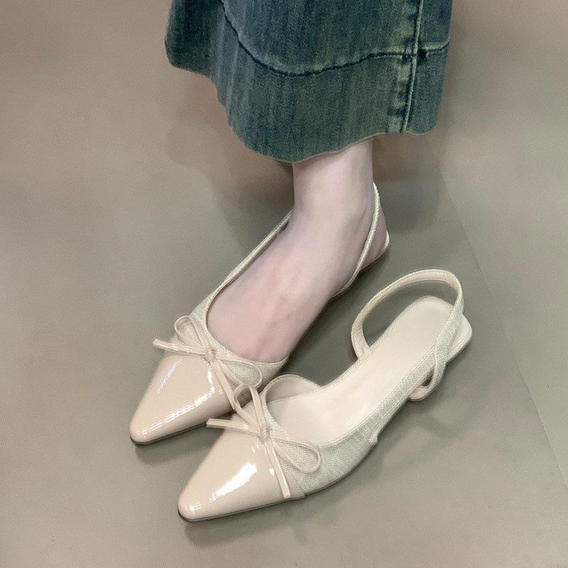 Gentle Temperament Shallow Mouth Women's Single Shoes 2025 Summer Bow French Back Empty Splicing Bag Head Sandals