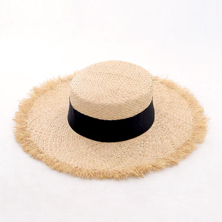 Summer new raffia rough edge flat top big brim straw hat multi-color webbing raffia flat top hat beach hat