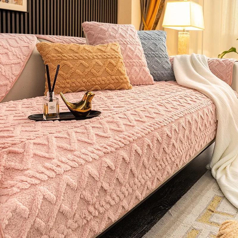 Striped Plush Sofa Cushion Non-Slip Warm Winter Universal Sofa Covers for Living Room Modern Simple Couch Slipcovers Home Decor