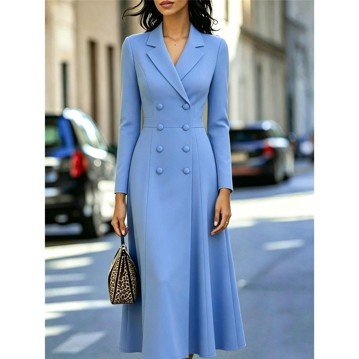Dames Blazer Kraag Midi Jurk Dubbele Rij Knopen Lange Mouwen Slanke Taille A-lijn Formele Feestjurk S azuur