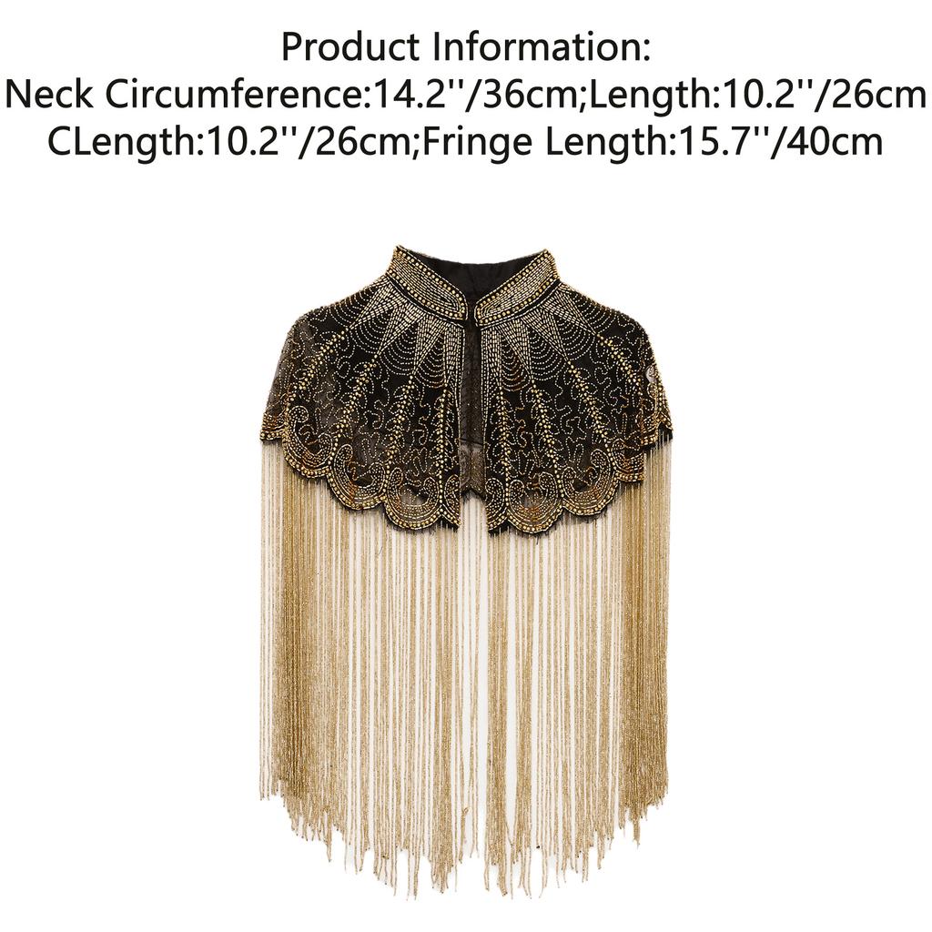Women 20s Flapper Long Fringed Shawl Sequin Beaded Tassel Evening Cape Wrap for Wedding Reception Special Events