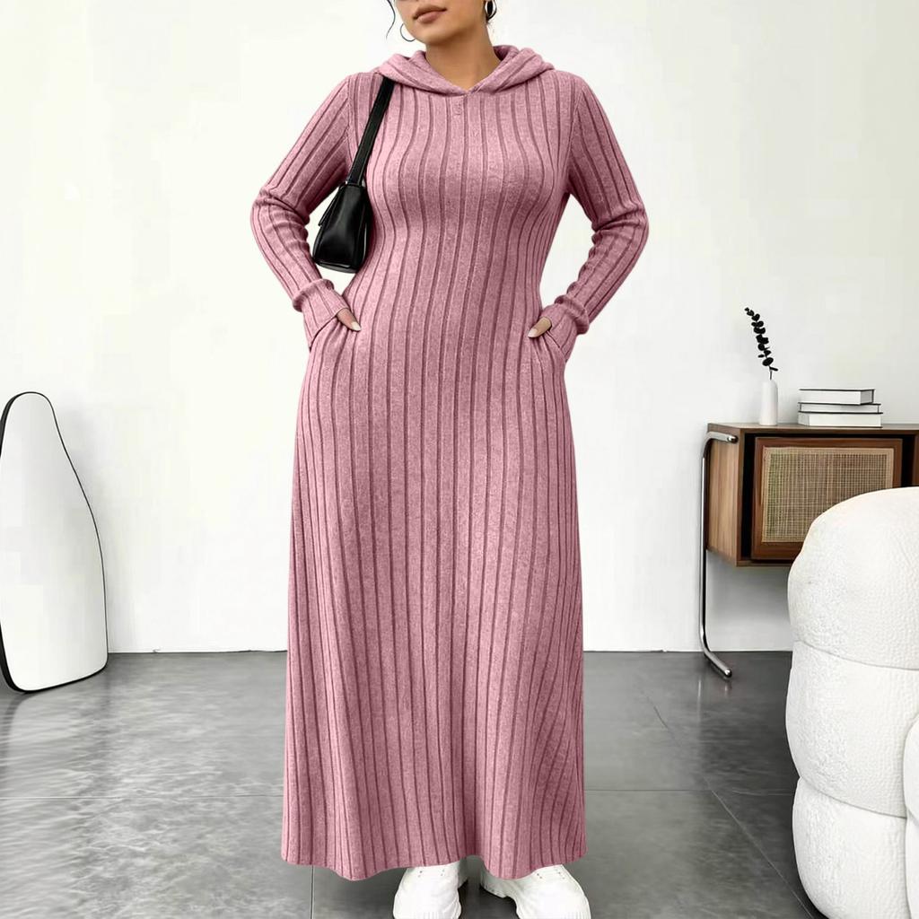 Women's Fashion Color Hooded Ribbed Dress with Slim Fit Cinched Waist and Pockets