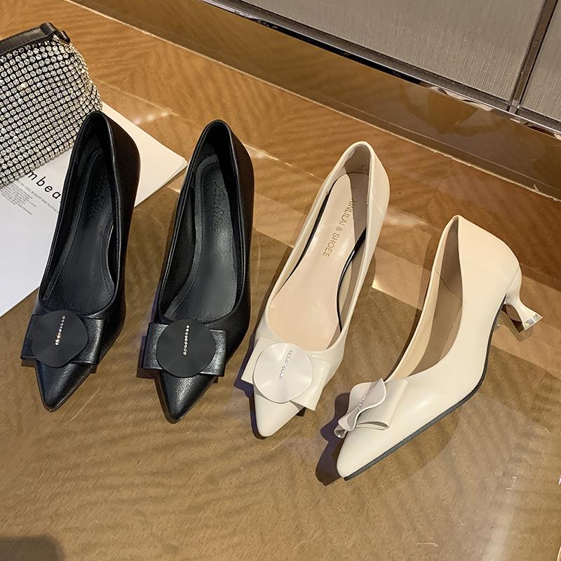 fashion Women Low Heel Shoes Soft Pu Leather Shallow Pointed Toe Comfort Mother Pumps Thick Heels Ladies Work Small Casual Leather Shoes