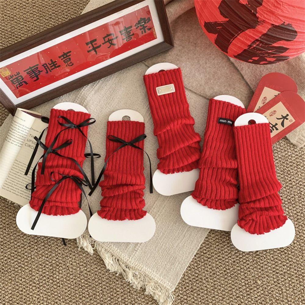 Japanese Christmas Knee Socks Y2k Bow Knitted Leg Socks Sweet New Year Red Socks  For Girl