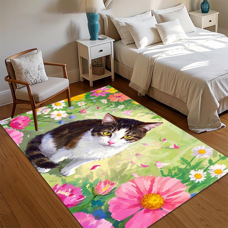 

Sweet Cat Lover Gift Area Rug Cat in Colorful Flower Garden Whimsical Floor Mat Carpet Idea for Housewarming Cozy Home Decor 40x60CM