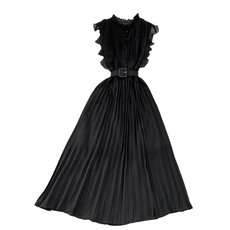 Fancy Light Luxury Temperament Flying Sleeves round Neck Waist Trimming Slim Looking A- line Pleated Dress Elegance Swing Long Dress