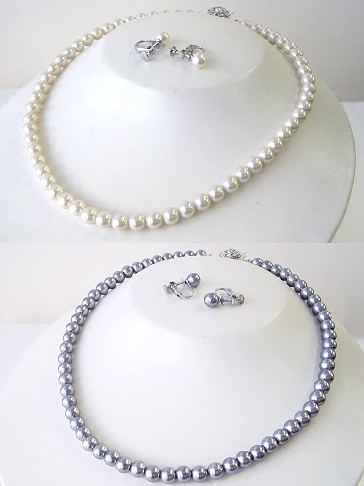 and Me Jewelry Faux Pearl Necklace and Earrings Set Black and White Made in Japan [You Box] - 2-Piece Set, 7.0mm Pearls, 42cm,