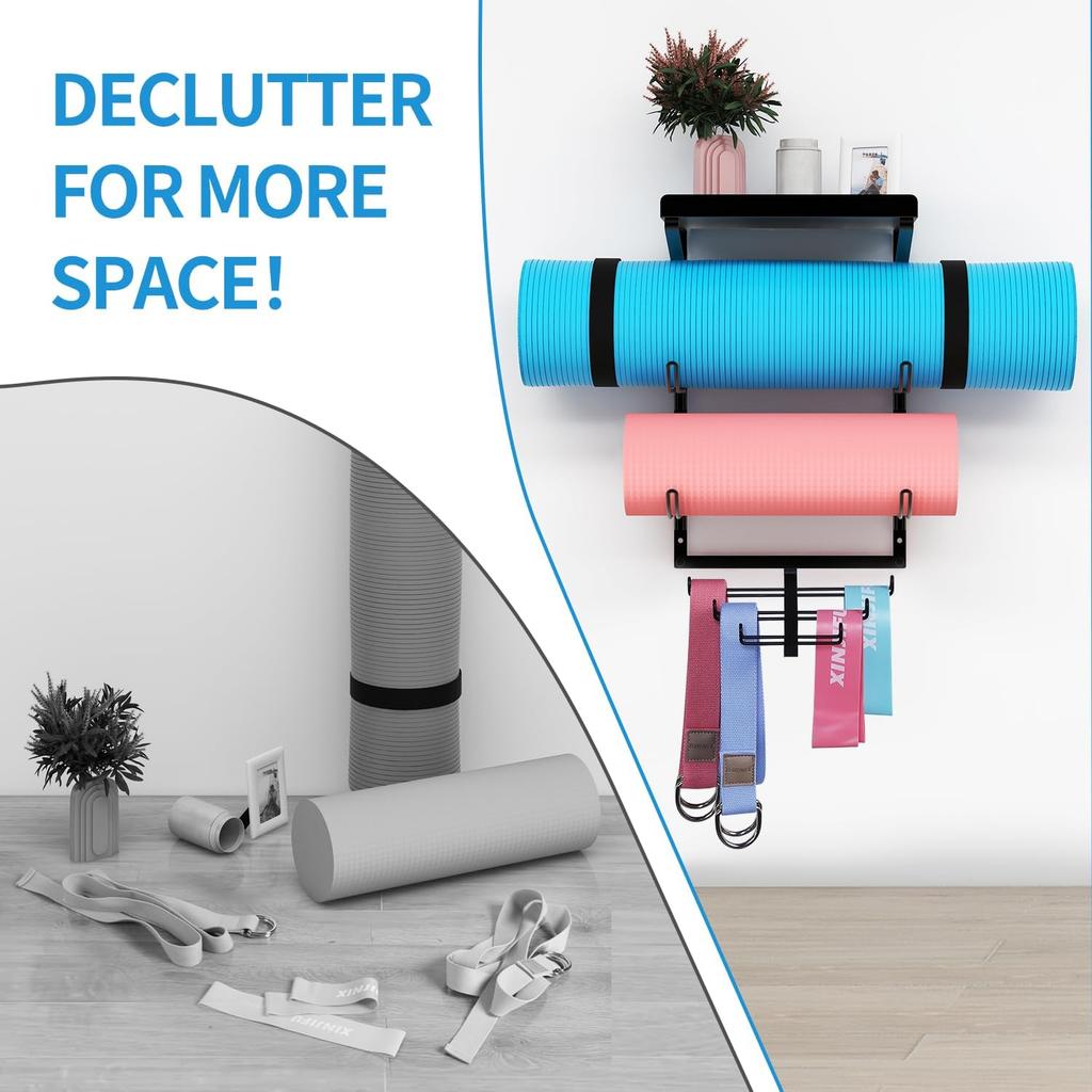 Duvara Monte Edilebilir Yoga Matı Tutucu Yoga Matı Saklama Rafı Ev Spor Salonu Aksesuarları Köpük Rulo ve Direnç Bantlarını Asmak İçin 3 Bölmeli ve 7 Kancalı