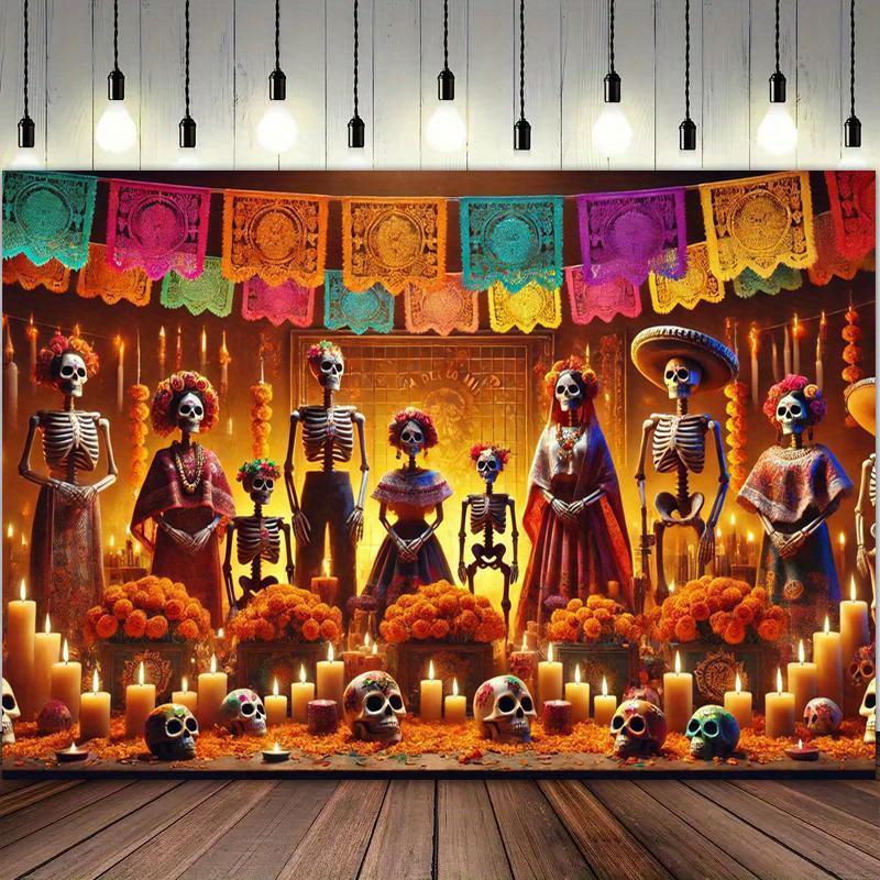 Day of the Dead  Tapestry Celebration Traditional Mexican Attire Vibrant Skeletons Perfect for Parties and Holiday Gifts
