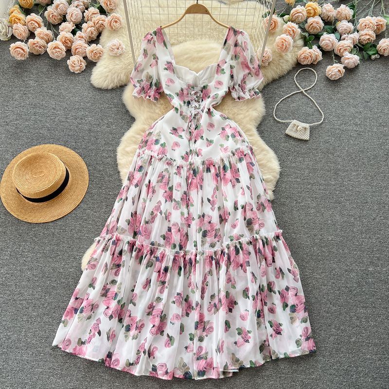Socialite Square Collar Puff Sleeve Chiffon Floral Dress