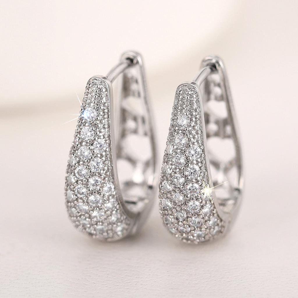 Pave Set Teardrop Huggie Hoop Earrings for Women Full Sparkling Silver Tone Earrings Fashion Daily Party Jewelry
