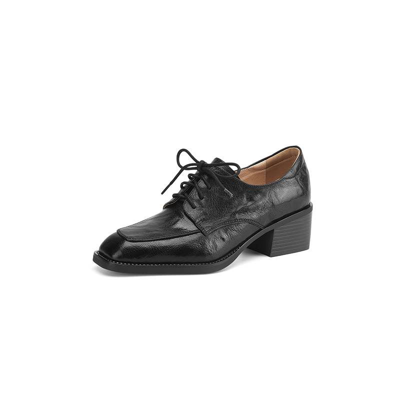 Krazing Pot Sheepskin Autumn Winter Shoes Lace Up Med Heels Size 42 Square Toe Brown Color Pumps