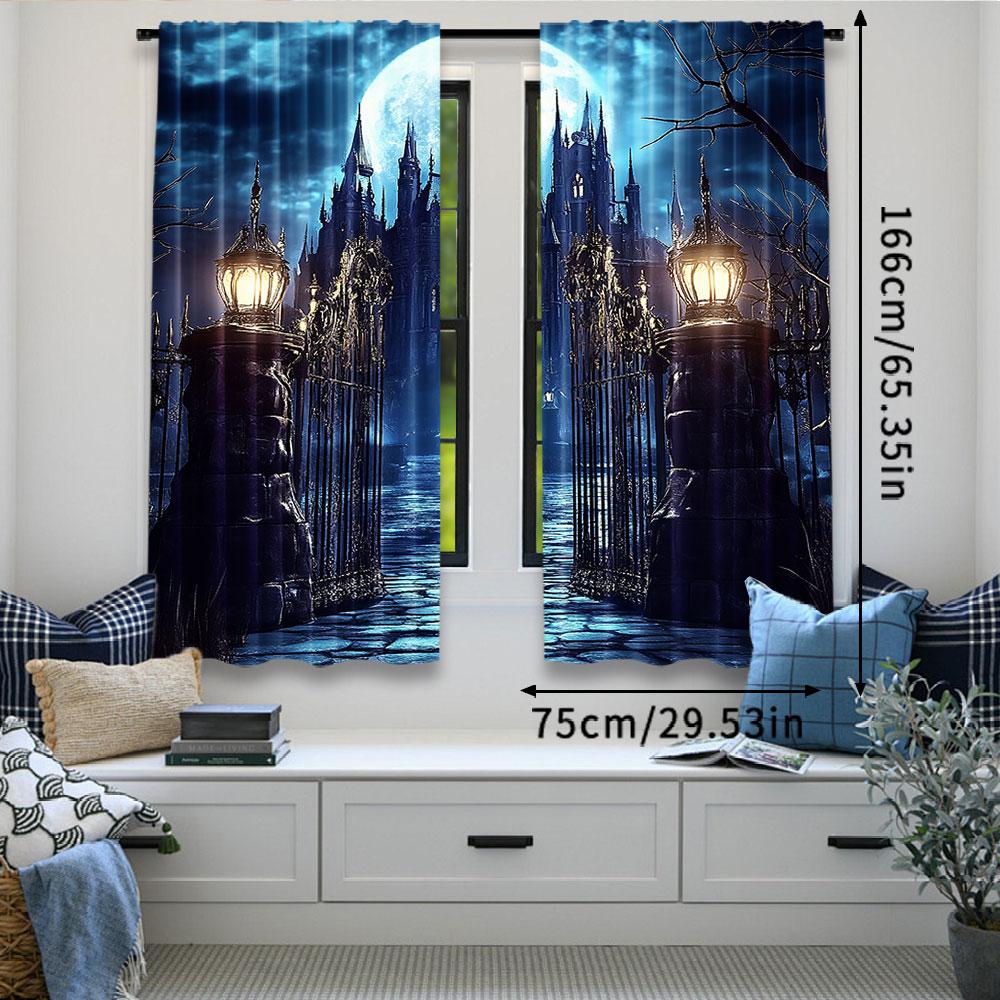 2Pcs Curtain Scary Castle Full Moon Night Spooky Gothic Horror Haunted Mansion Mysterious Magic Cool Suitable For Living Room