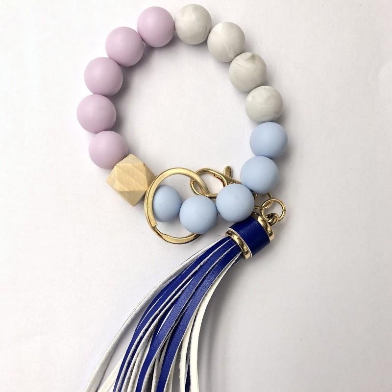 Silicone Beaded Bracelet Keychain Wristlet Key Ring Bangle Chains for Women with Leather Tassel Silicone Beaded Bracelet Keychain Wristlet Key Ring Bangle Chains for Women with Leather Tassel