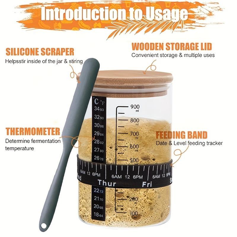 1Set Glass Jar Set Sourdough Starter Jar With Date Marked Feeding Band Thermometer Jar Scraper  Container Metal Lid  Starter Kit