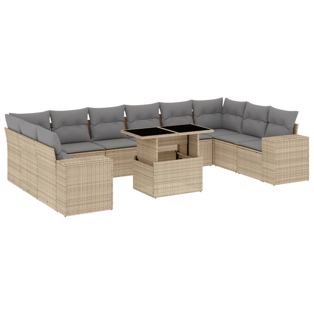 Vidaxl 11-Cz. Garden Furniture Set With Cushions, Beige, Poly Rattan